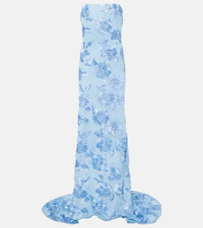 Rotate Birger Christensen Alberty Floral-appliqué Mesh Gown In Placid Blue
