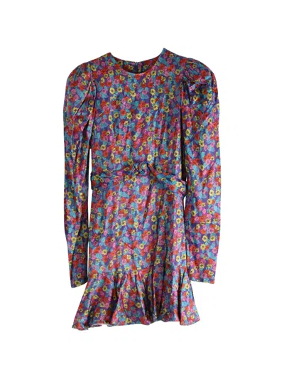 Pre-owned Rotate Birger Christensen Alison Floral-print Bishop-sleeves Mini Dress In Purple