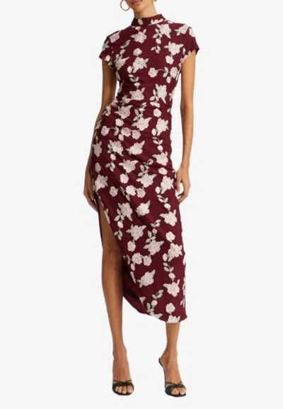 Rotate Birger Christensen Asymmetric Floral Midi Dress In Burgundy