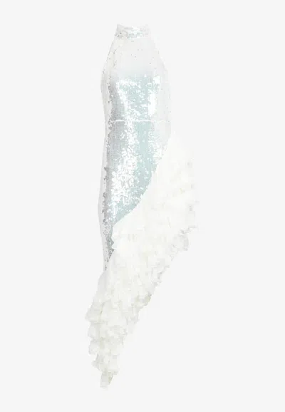 Rotate Birger Christensen Asymmetric Sequined Midi Ruffle Dress In White
