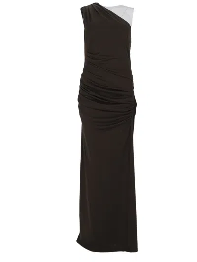 Rotate Birger Christensen Asymmetrical One-shoulder Fitted Midi Dress With Gathered Ruching In Black