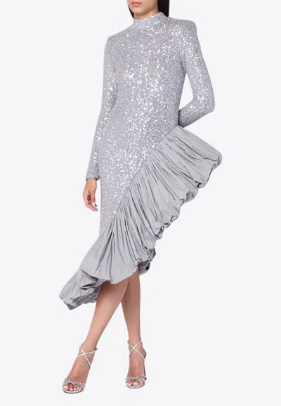Rotate Birger Christensen Asymmetrical Sequined Ruffled Dress In Silver