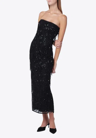 Rotate Birger Christensen Beaded Fringe Midi Dress In Brown