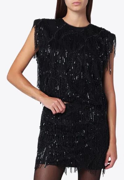 Rotate Birger Christensen Beaded Fringe Top In Black