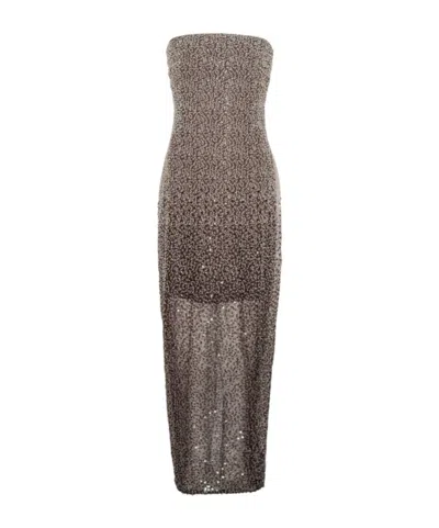 Rotate Birger Christensen Beaded Strapless Midi Dress In Brown