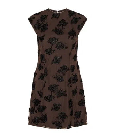 Rotate Birger Christensen Beaded Mini Flared Dress Dark Brown