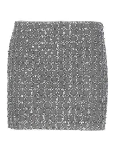 Rotate Birger Christensen Beaded Mini Skirt With Strass And Side Zip Closure In Gray