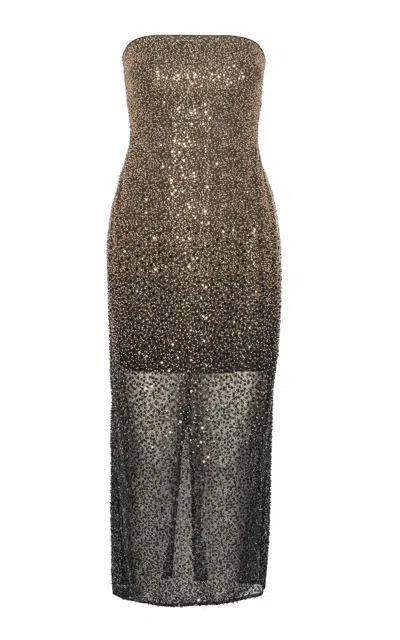Rotate Birger Christensen Beaded Strapless Midi Dress In Brown