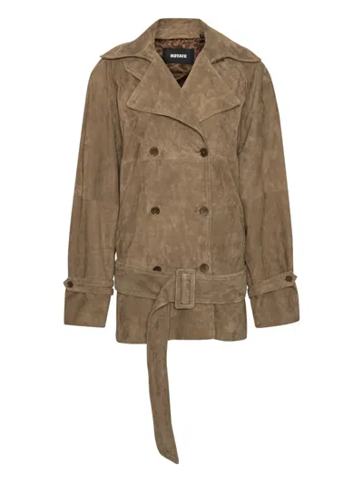 Rotate Birger Christensen Belted Oversize Suede Jacket In Brown