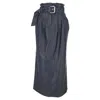 Rotate Birger Christensen Belted Woven Leather-effect Midi Skirt In Navy Blue Polyester In Blue