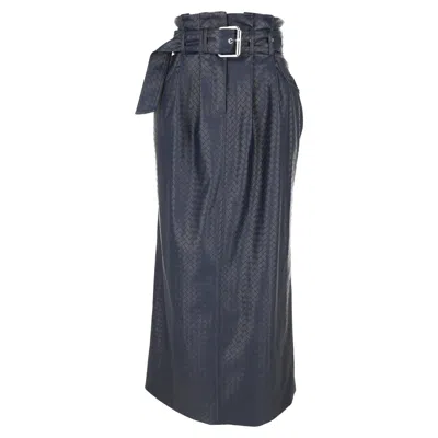 Rotate Birger Christensen Belted Woven Leather-effect Midi Skirt In Navy Blue Polyester