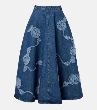 Rotate Birger Christensen Berty Embroidered Denim Midi Skirt In Blue