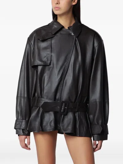 Rotate Birger Christensen Biker Leather Jacket Dark Brown In Black