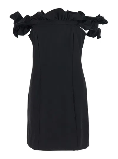 ROTATE BIRGER CHRISTENSEN BLACK DRESS WITH RUFFLE DECORATIONS AND RUFFLE DETAILS IN TECH FABRIC WOMAN