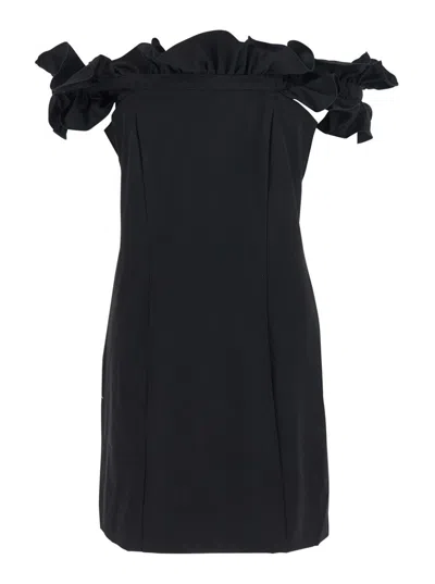 ROTATE BIRGER CHRISTENSEN BLACK DRESS WITH RUFFLE DECORATIONS AND RUFFLE DETAILS IN TECH FABRIC WOMAN