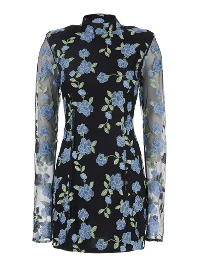 ROTATE BIRGER CHRISTENSEN BLACK HIGH NECK MINI DRESS WITH SEMI SHEER SLEEVES AND ALL-OVER FLORAL MOTIF IN TECH FABRIC WOMAN