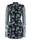 Rotate Birger Christensen Black High Neck Mini Dress With Semi Sheer Sleeves And All-over Floral Motif In Tech Fabric Woman In Black