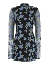 ROTATE BIRGER CHRISTENSEN BLACK HIGH NECK MINI DRESS WITH SEMI SHEER SLEEVES AND ALL-OVER FLORAL MOTIF IN TECH FABRIC WOMAN