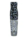 Rotate Birger Christensen Long Dress With All-over Floral Motif And Semi Sheer Lower Part In Tech Fabric In Black