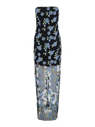 ROTATE BIRGER CHRISTENSEN BLACK LONG DRESS WITH ALL-OVER FLORAL MOTIF AND SEMI SHEER LOWER PART
