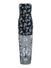 Rotate Birger Christensen Long Dress With All-over Floral Motif And Semi Sheer Lower Part In Tech Fabric In Black