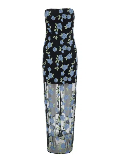 ROTATE BIRGER CHRISTENSEN BLACK LONG DRESS WITH ALL-OVER FLORAL MOTIF AND SEMI SHEER LOWER PART IN TECH FABRIC WOMAN