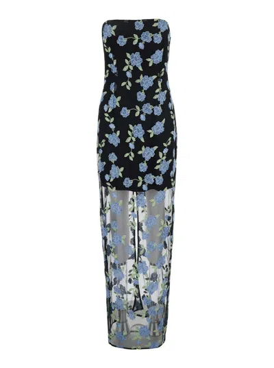 Rotate Birger Christensen Black Long Dress With All-over Floral Motif And Semi Sheer Lower Part In Tech Fabric Woman