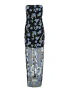 Rotate Birger Christensen Long Dress With All-over Floral Motif And Semi Sheer Lower Part In Tech Fabric In Black Comb