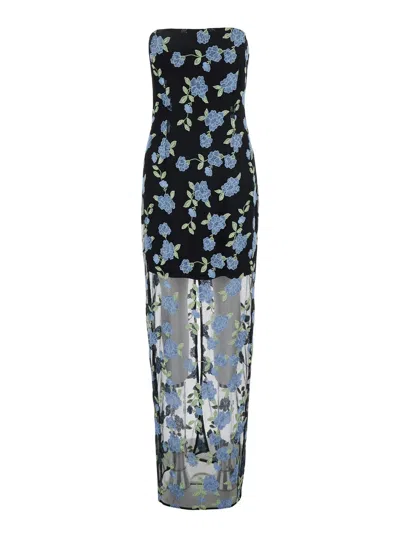 Rotate Birger Christensen Long Dress With All-over Floral Motif And Semi Sheer Lower Part In Tech Fabric In Black Comb