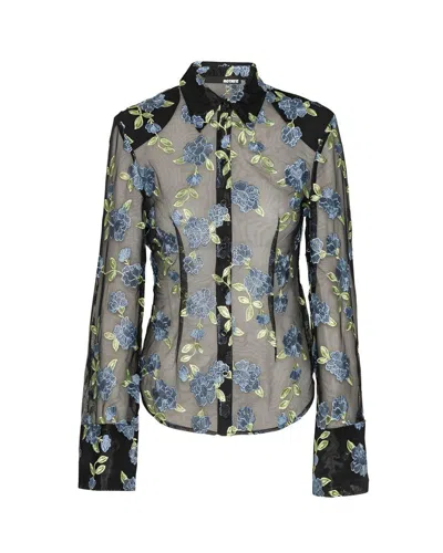 Rotate Birger Christensen Black Mesh Shirt With Floral Embroidery