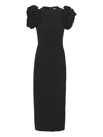ROTATE BIRGER CHRISTENSEN BLACK MIDI DRESS WITH PUFF SLEEVES