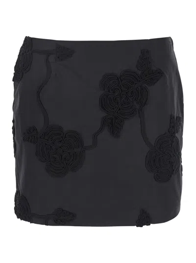 Rotate Birger Christensen Black Mini Skirt With 3d Floral Details Applied All-over In Cotton Woman