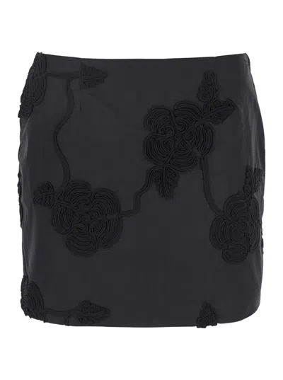 ROTATE BIRGER CHRISTENSEN BLACK MINI SKIRT WITH 3D FLORAL DETAILS APPLIED ALL-OVER IN COTTON WOMAN
