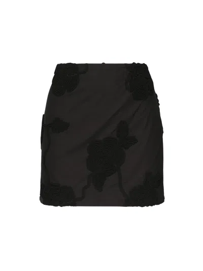 ROTATE BIRGER CHRISTENSEN BLACK MINI SKIRT WITH 3D FLORAL DETAILS APPLIED ALL-OVER IN COTTON WOMAN