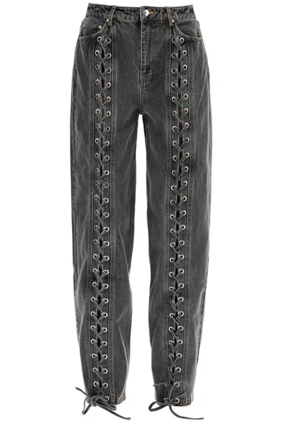 Rotate Birger Christensen Black Organic Cotton Wide Leg Pants With Lace