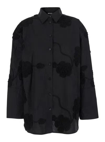 Rotate Birger Christensen Black Oversize Shirt With Classic Collar And All-over Floral Embroidery In Cotton Woman