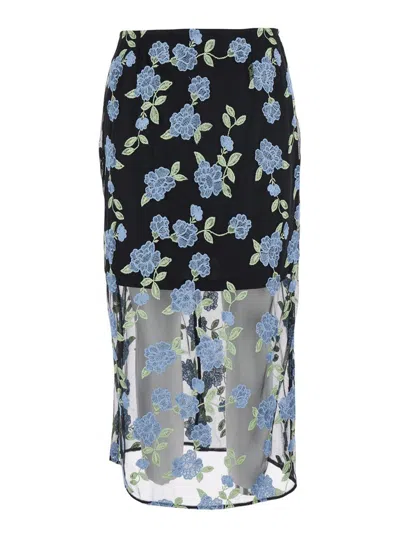 ROTATE BIRGER CHRISTENSEN BLACK PENCIL SKIRT WITH MESH PANELS AND ALL-OVER FLORAL MOTIF