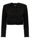 Rotate Birger Christensen Rotate Cropped Sequin Bouclé Jacket With Trimming And Collarless Design In Black