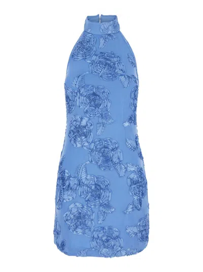 Rotate Birger Christensen Blue High Neck Dress With All-over Floral Motif In Fabric Woman
