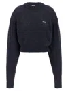 Rotate Birger Christensen Crew Neck Cropped Knit Puff Sweater In Blue