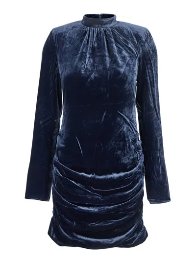ROTATE BIRGER CHRISTENSEN BLUE MINI DRESS WITH HIGH NECK AND REAR ZIP CLOSURE IN VELVET WOMAN