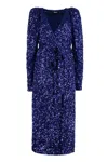 ROTATE BIRGER CHRISTENSEN BLUE SEQUIN DRESS WITH STRUCTURED SHOULDERS AND COORDINATED WAIST BELT FOR WOMEN