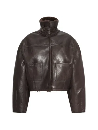 Rotate Birger Christensen Bonded Fur Leather Jacket Dark Brown
