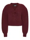 Rotate Birger Christensen Rotate Cropped Burgundy Sweater With Deep V-neckline And Floral Embellishment In Red