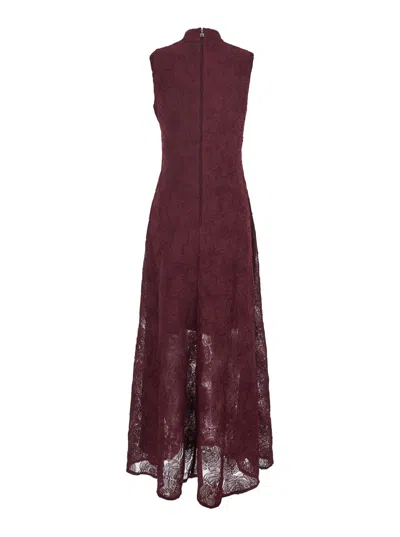 Rotate Birger Christensen Bordeaux Crewneck Sleeveless Maxi Dress With All-over Floral Embroidery In Tech Fabric Woman In Red