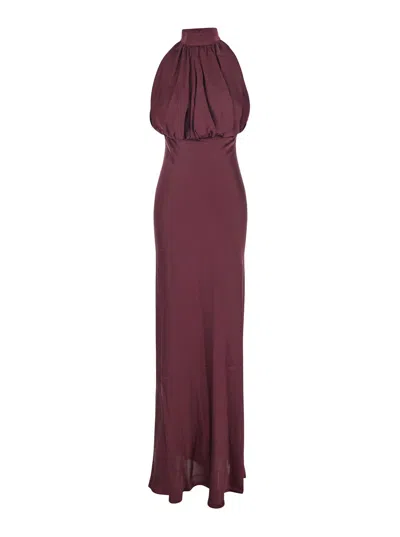 Rotate Birger Christensen Bordeaux Off-shoulder Long Dress With Ruched Front In Silk Woman In Burgundy