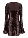 Rotate Birger Christensen Bordeaux Sequin Crewneck Mini Dress With Flared Sleeves In Tech Fabric Stretch Woman In Brown