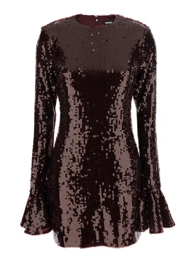 ROTATE BIRGER CHRISTENSEN BORDEAUX SEQUIN CREWNECK MINI DRESS WITH FLARED SLEEVES IN TECH FABRIC STRETCH WOMAN