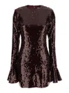 Rotate Birger Christensen Bordeaux Sequin Crewneck Mini Dress With Flared Sleeves In Tech Fabric Stretch Woman In Burgundy