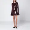 Rotate Birger Christensen Bordeaux Sequin Crewneck Mini Dress With Flared Sleeves In Tech Fabric Stretch Woman In Burgundy